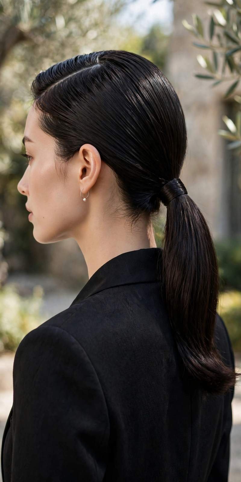 Sleek low ponytail with deep side part