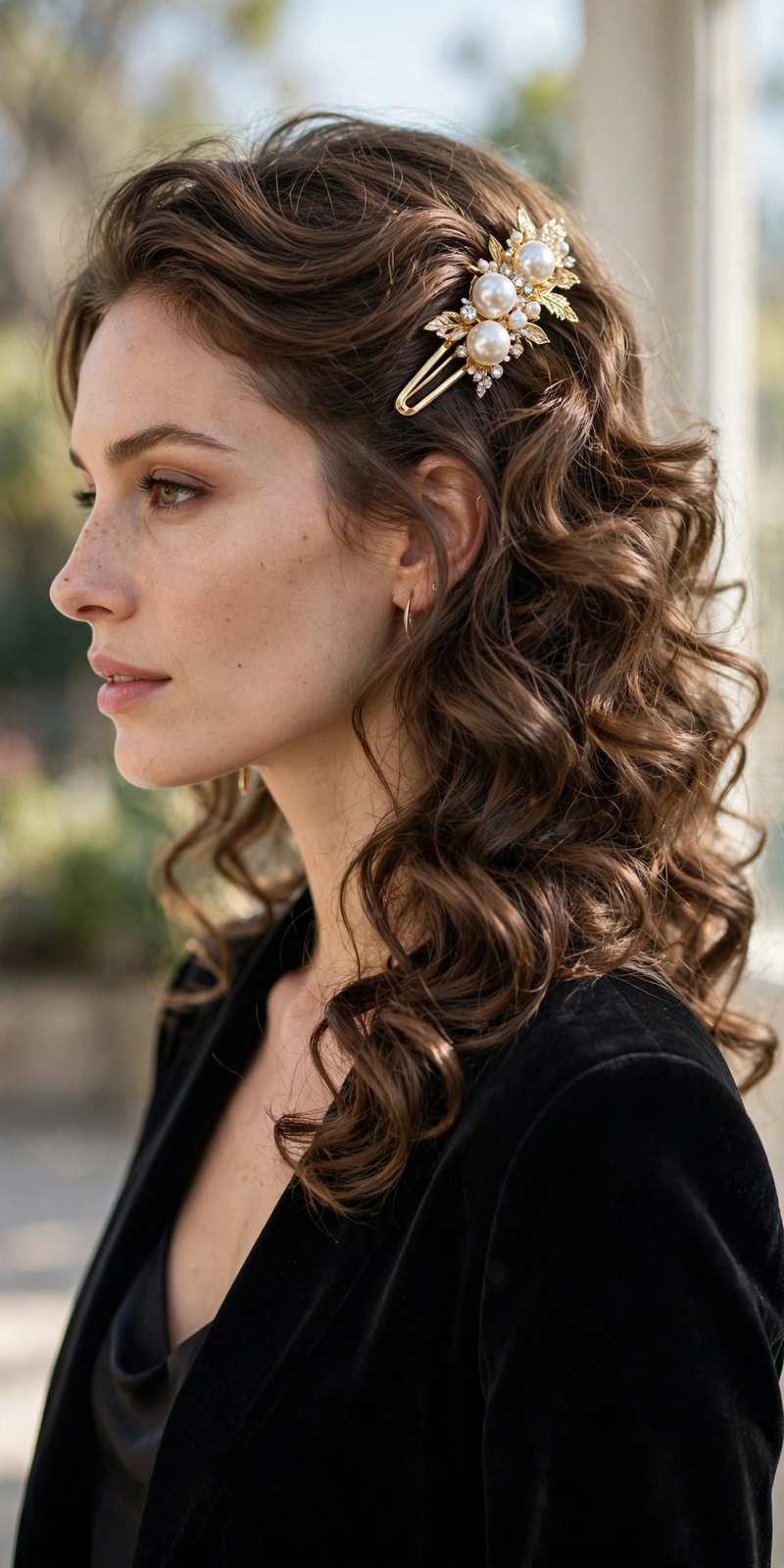 Soft side-swept curls with statement barrette