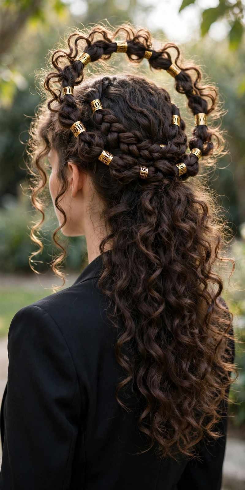 Curly half-up halo with gold hair cuffs
