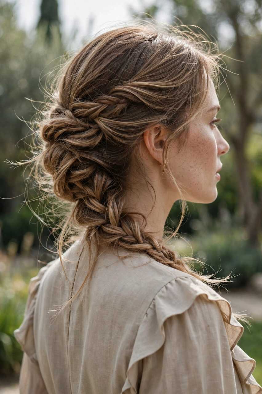 Braided side updo with wispy finish