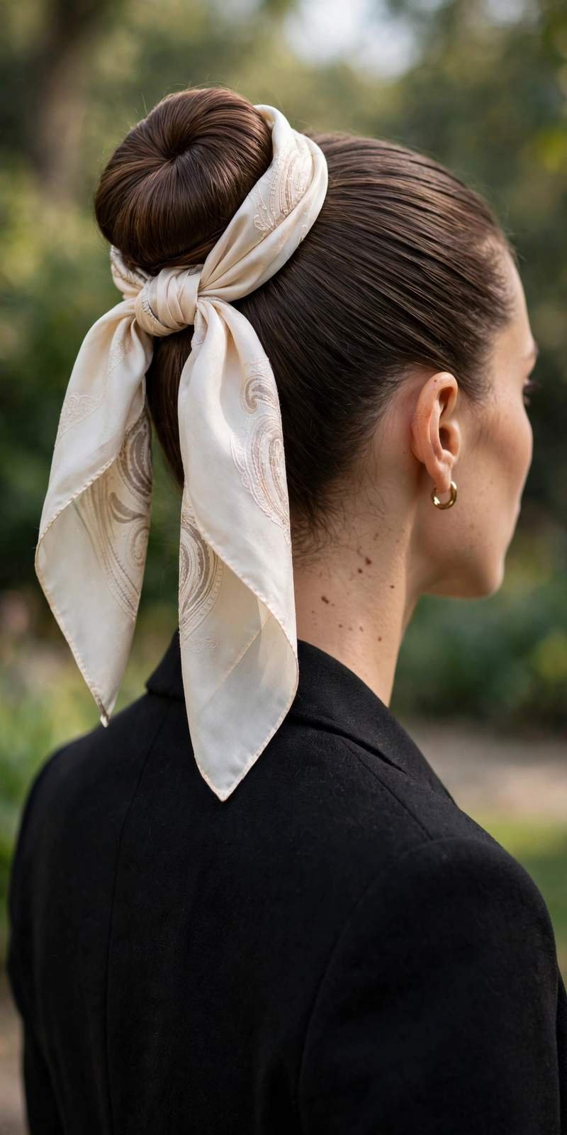 Polished top knot with silk scarf accent