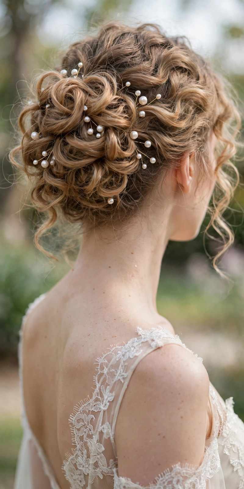 Soft curly updo with pearl hair pins