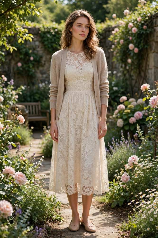 woman in a cream lace midi dress