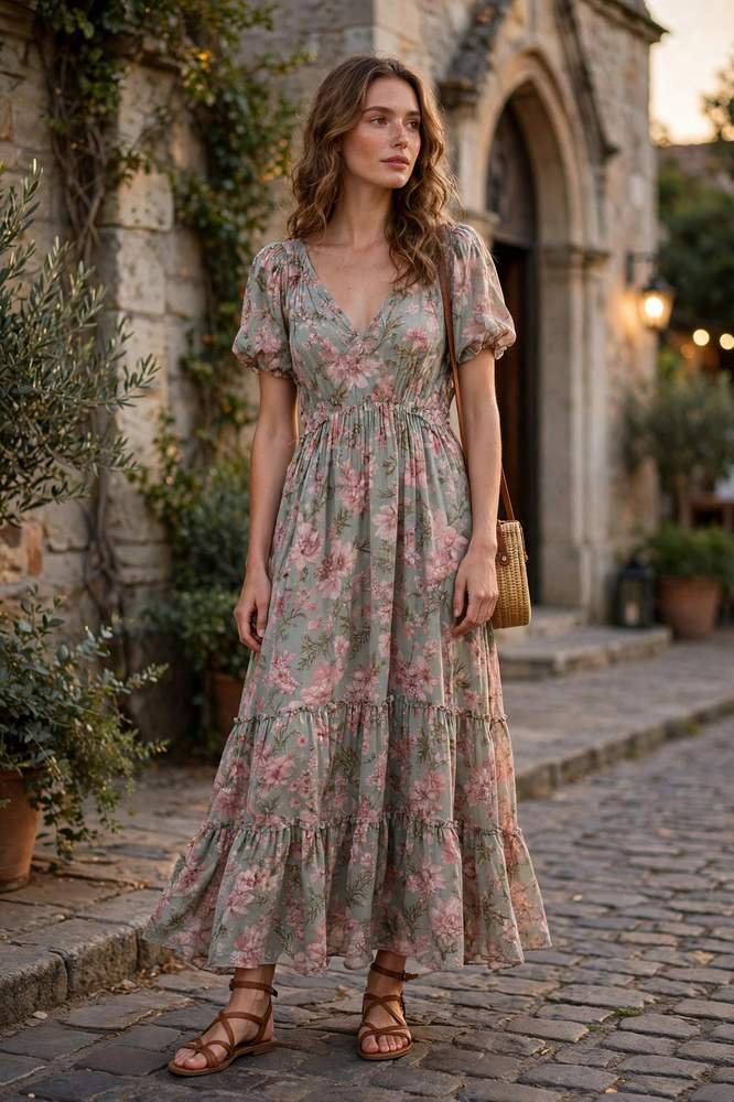 woman in a romantic floral maxi dress