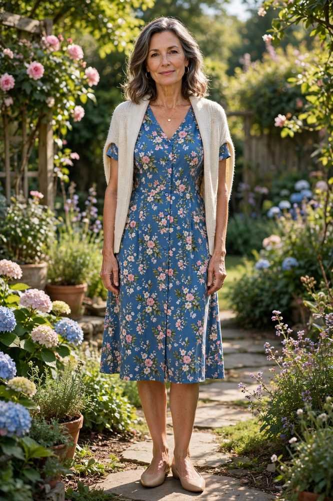 mature woman in a blue floral dress with cardigan