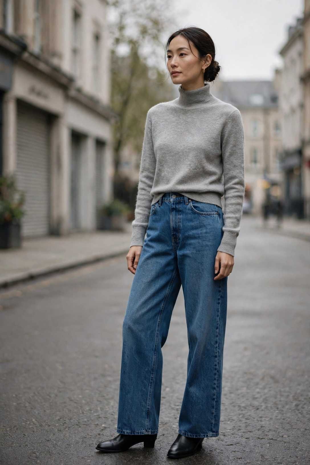 Woman in gray sweater and blue jeans leaning on wall