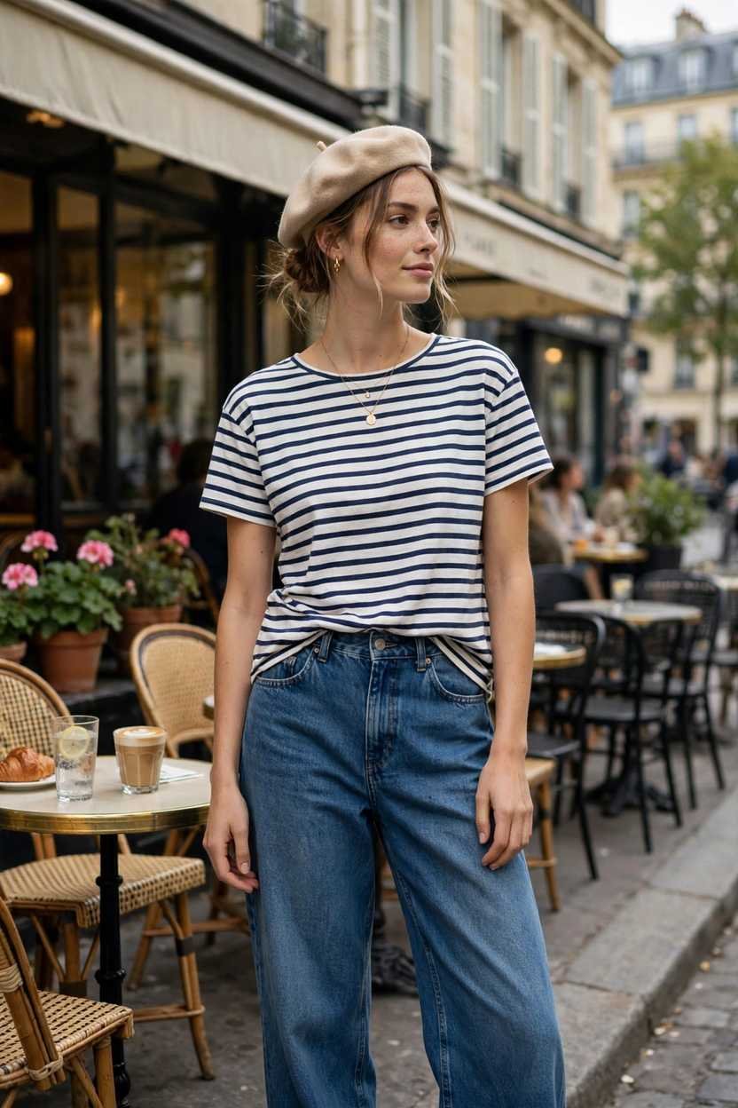Woman in jeans with textile bag in city, French casual outfit