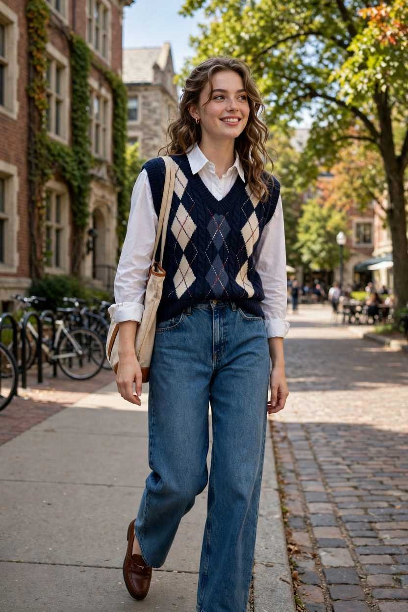 Woman in blue jeans standing on one leg, sweater vest casual outfit
