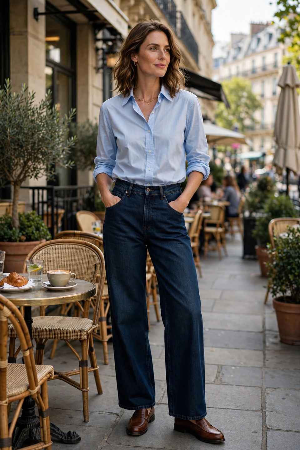 Woman in jeans holding vintage camera and flowers, smart casual outfit