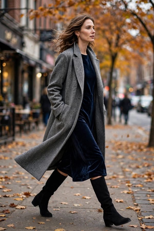 Woman in herringbone wool coat with velvet dress