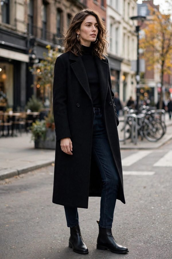 Woman in black wool coat with gold hoop earrings and boots