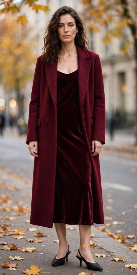 Woman in burgundy wool coat over velvet dress