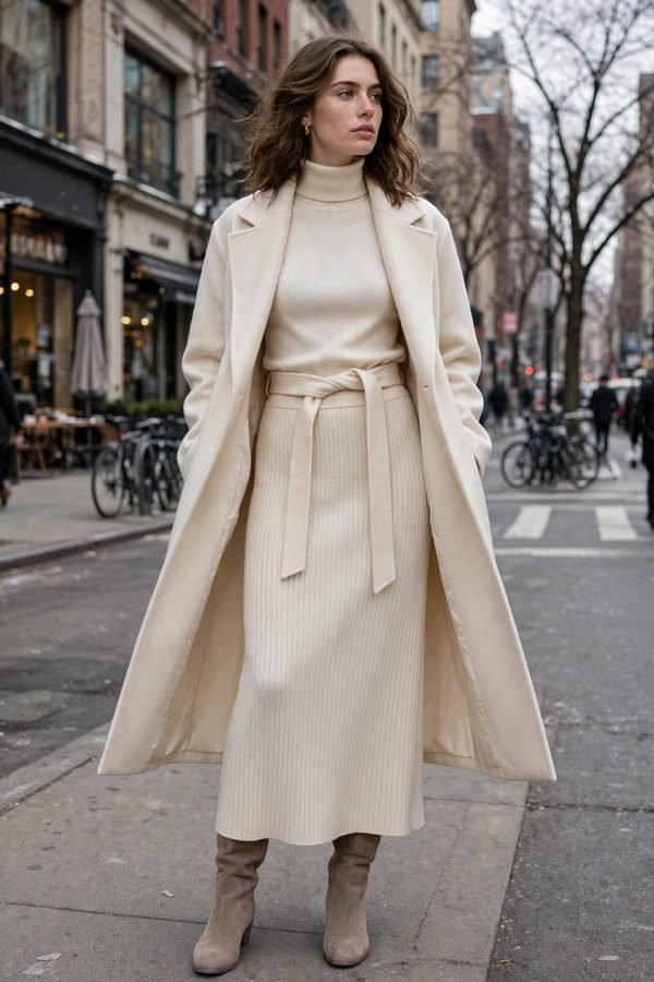 Woman in cream knit maxi skirt with belted wool coat