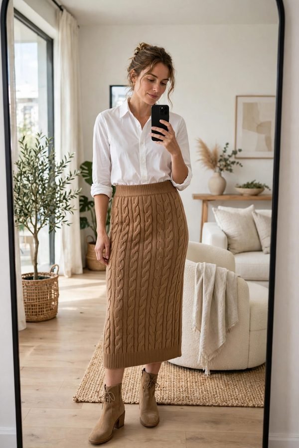Woman in knit sweater skirt with tucked blouse