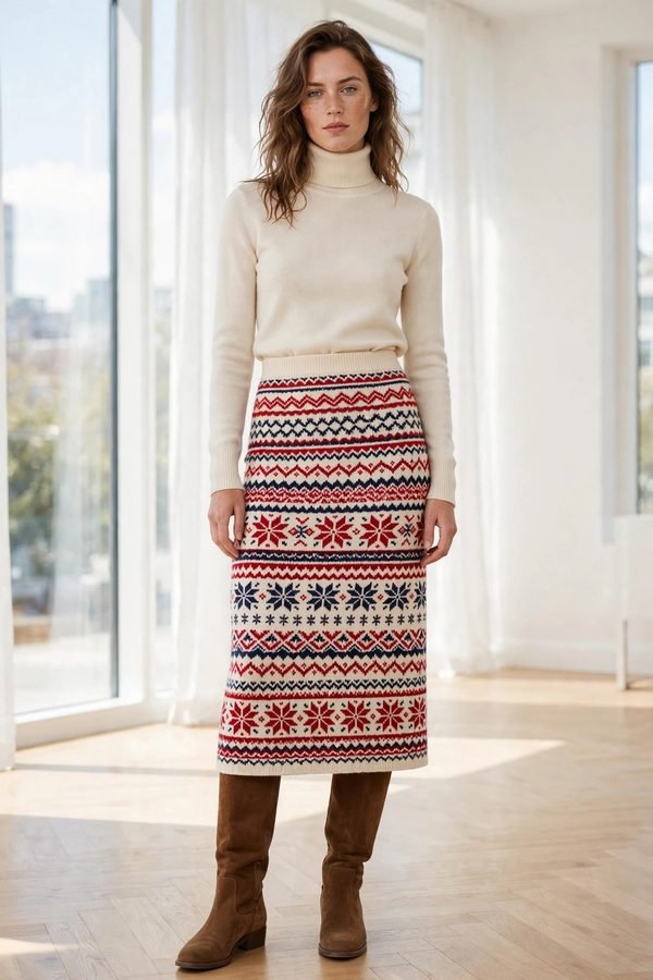 Woman in fair isle knit skirt with boots