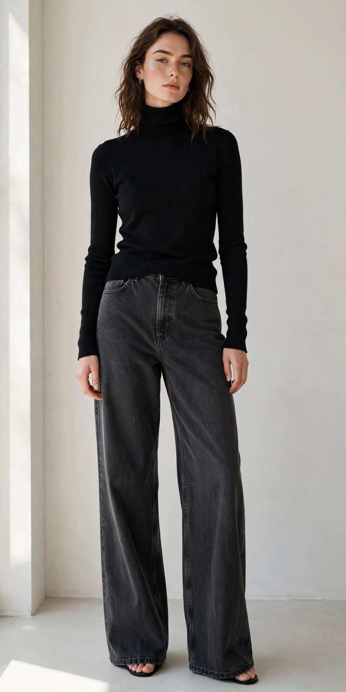 Woman in charcoal wide-leg jeans with black turtleneck