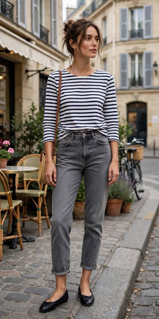 Woman in gray mom jeans and striped top, casual chic