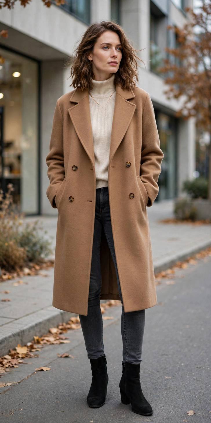 Woman in dark gray skinny jeans with camel coat