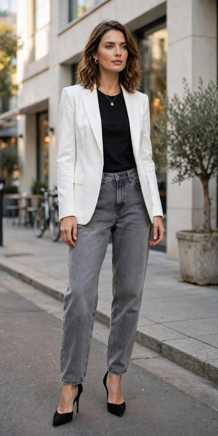 Woman in gray boyfriend jeans with white blazer