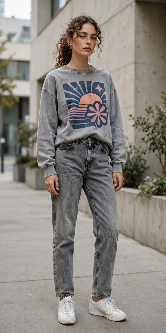 Woman in acid gray wash jeans with graphic sweatshirt
