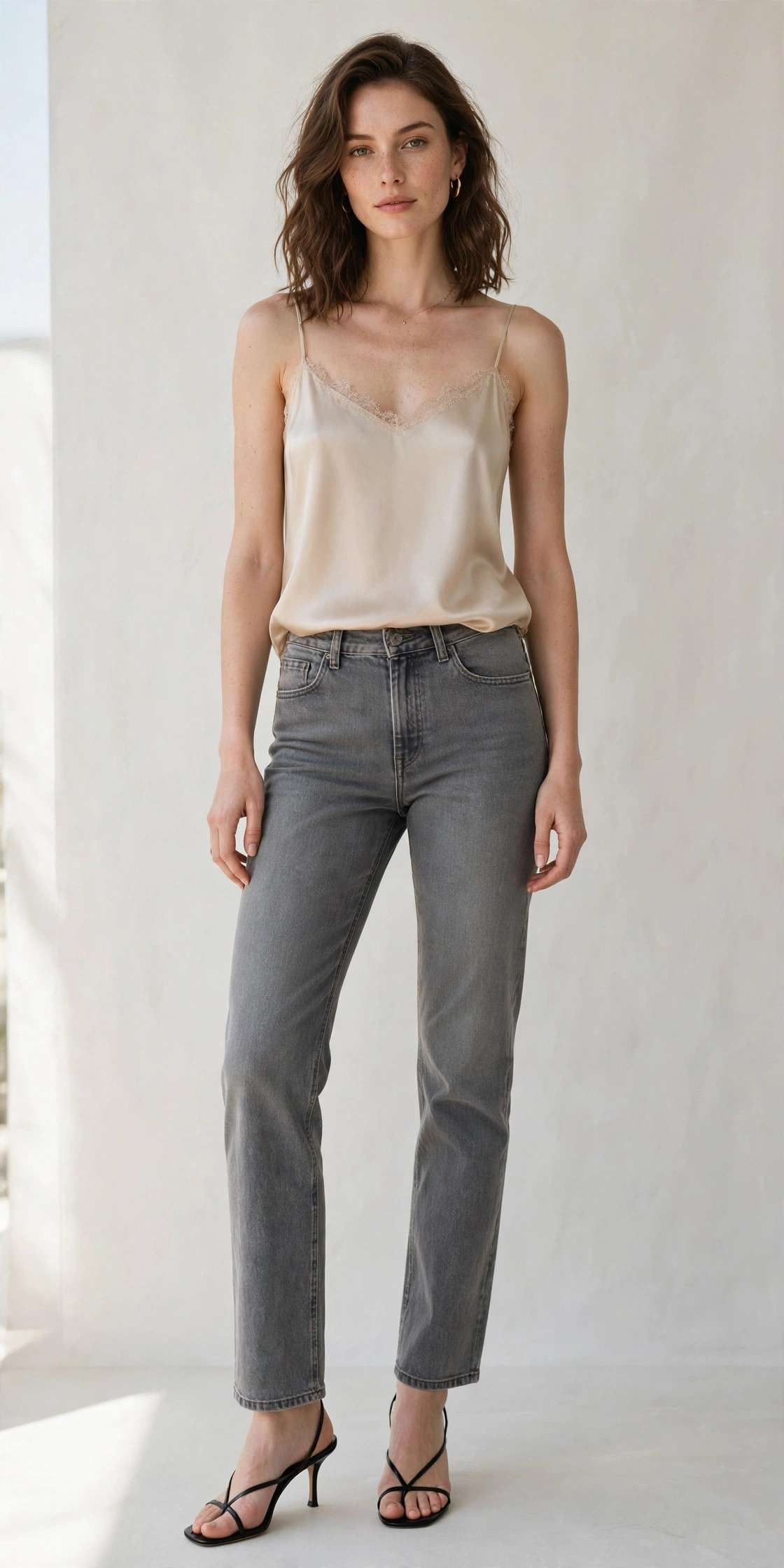 Woman in gray straight-leg jeans with silk camisole