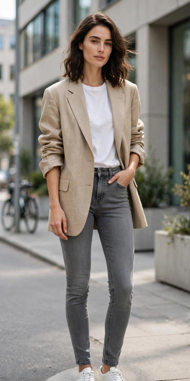 Woman in mid gray skinny jeans with oversized blazer