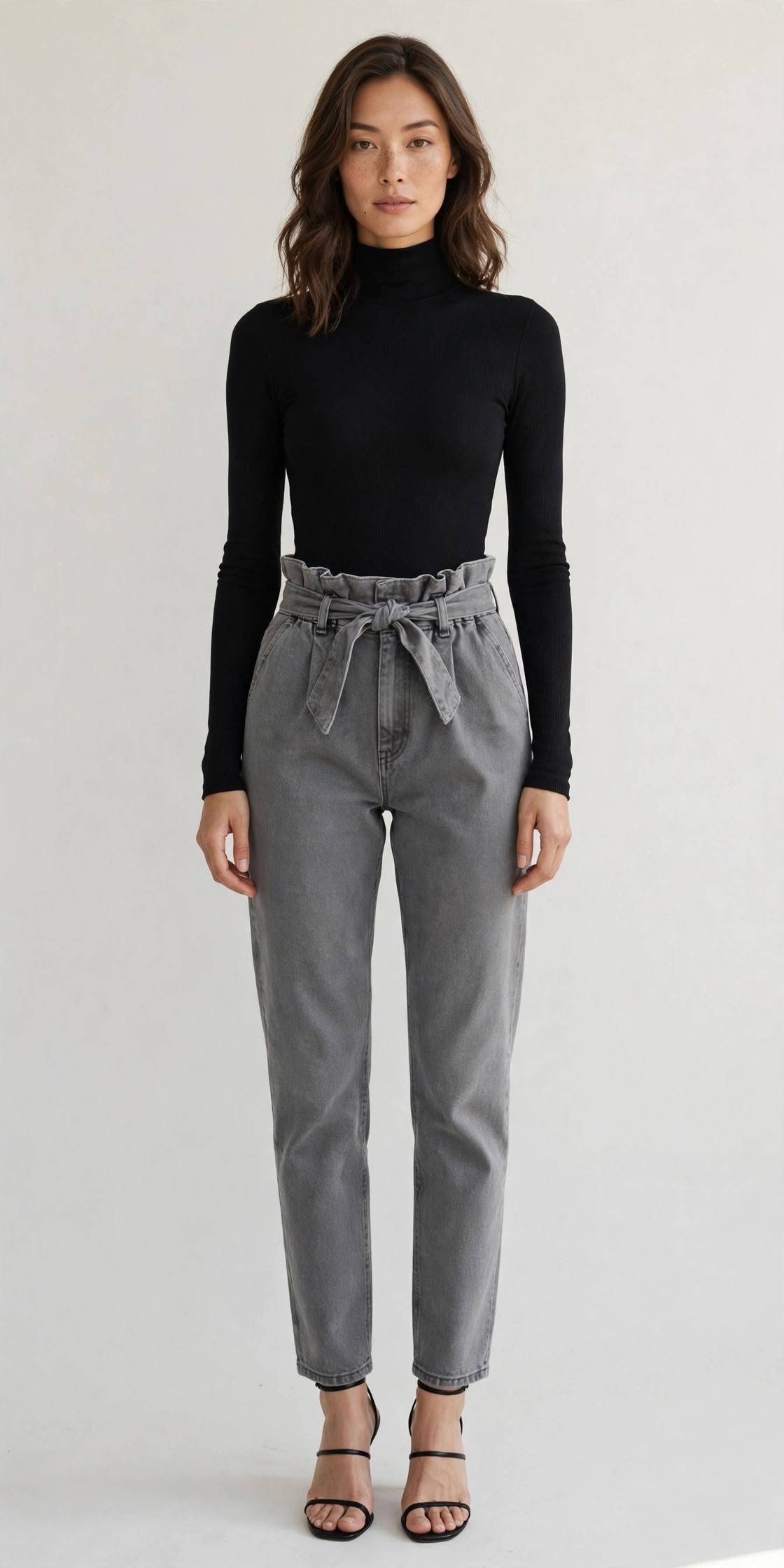 Woman in gray paperbag-waist jeans with fitted bodysuit