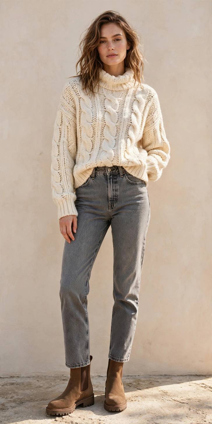 Woman in stone gray jeans with chunky knit sweater