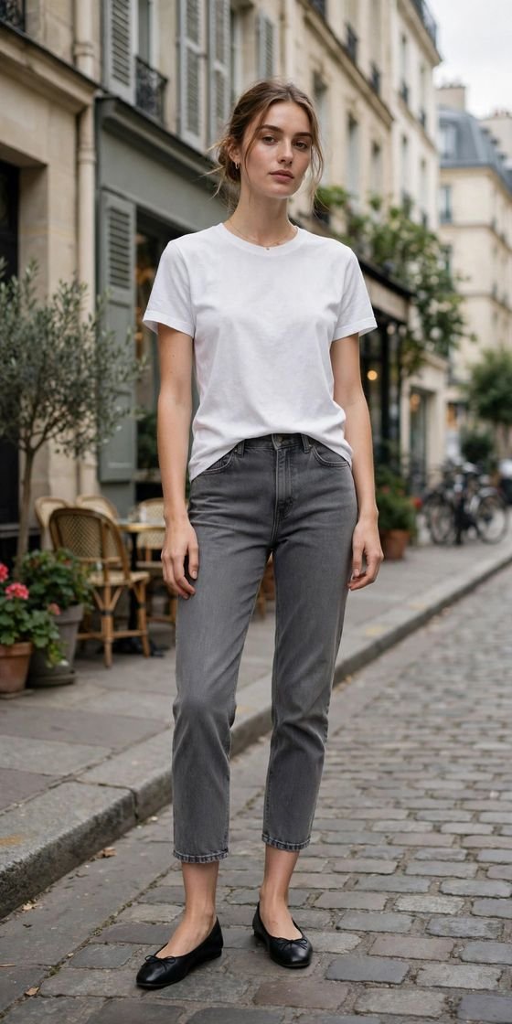 Woman in gray cropped jeans with ballet flats