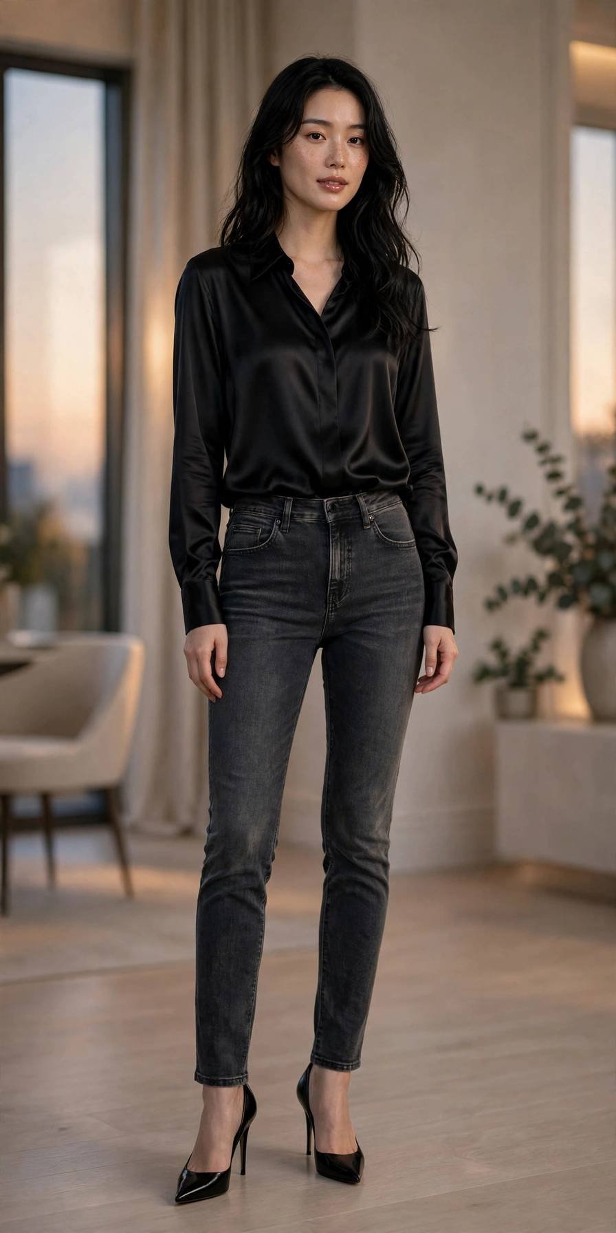 Woman in dark gray jeans with black satin blouse, evening look