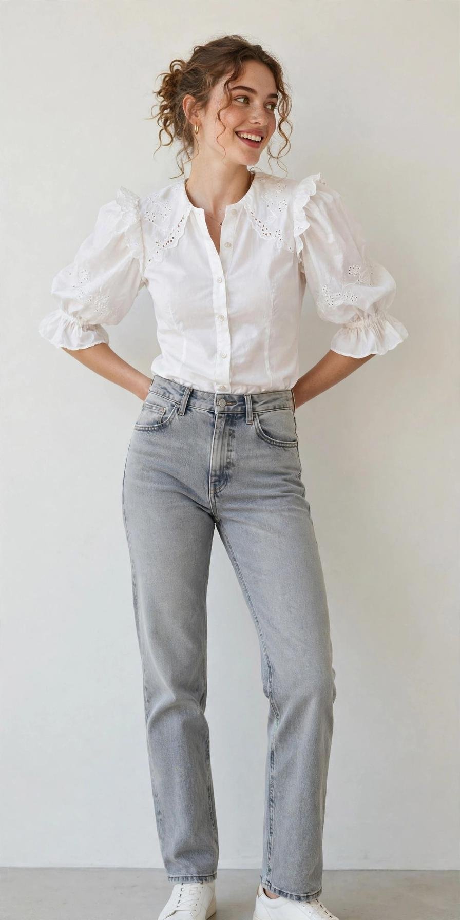 Woman in light gray high-rise jeans with puff-sleeve top