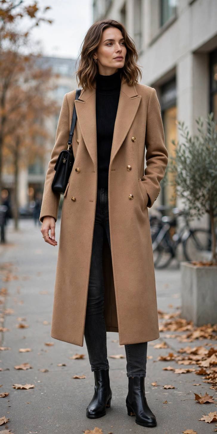 Woman in charcoal skinny jeans with long wool coat