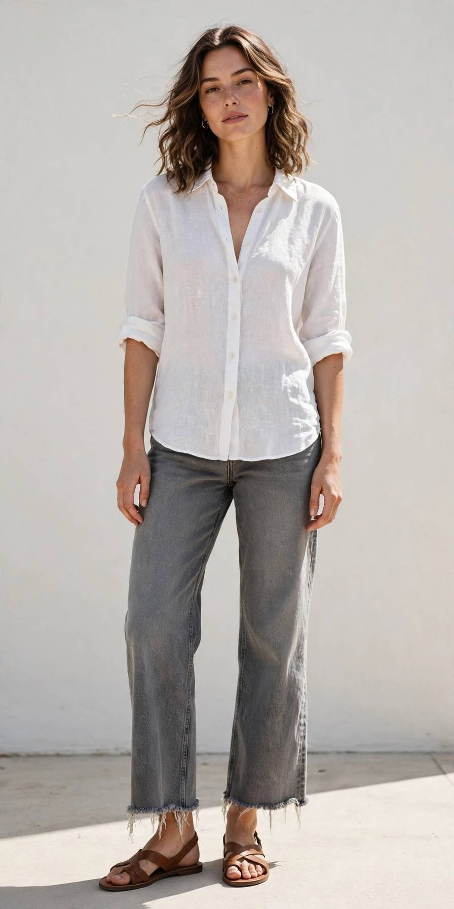 Woman in gray frayed-hem jeans with linen shirt