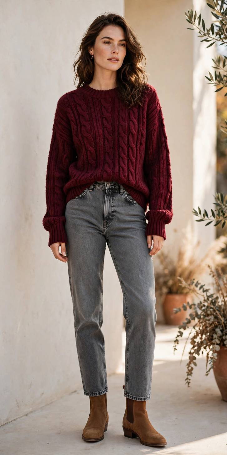 Woman in washed gray jeans with burgundy sweater