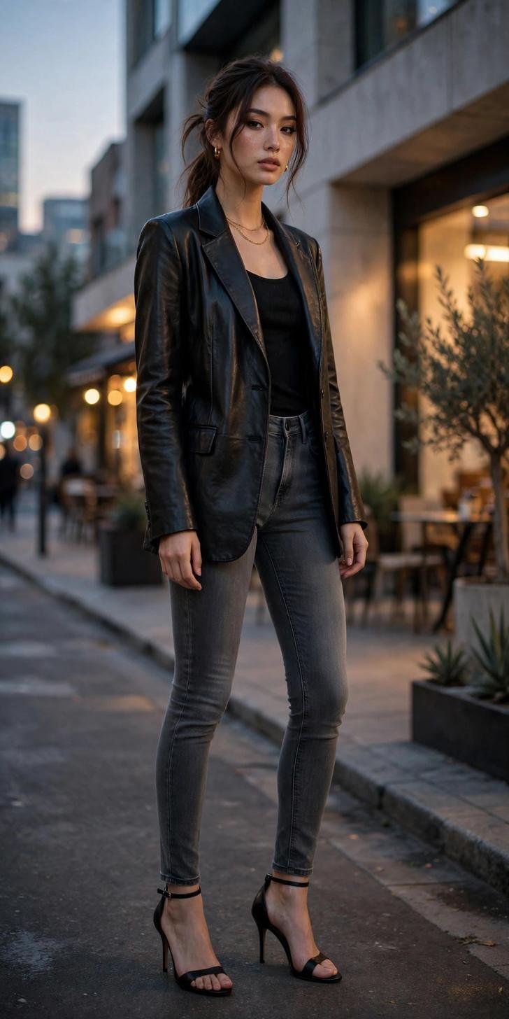 Woman in gray slim jeans with black leather blazer, evening style