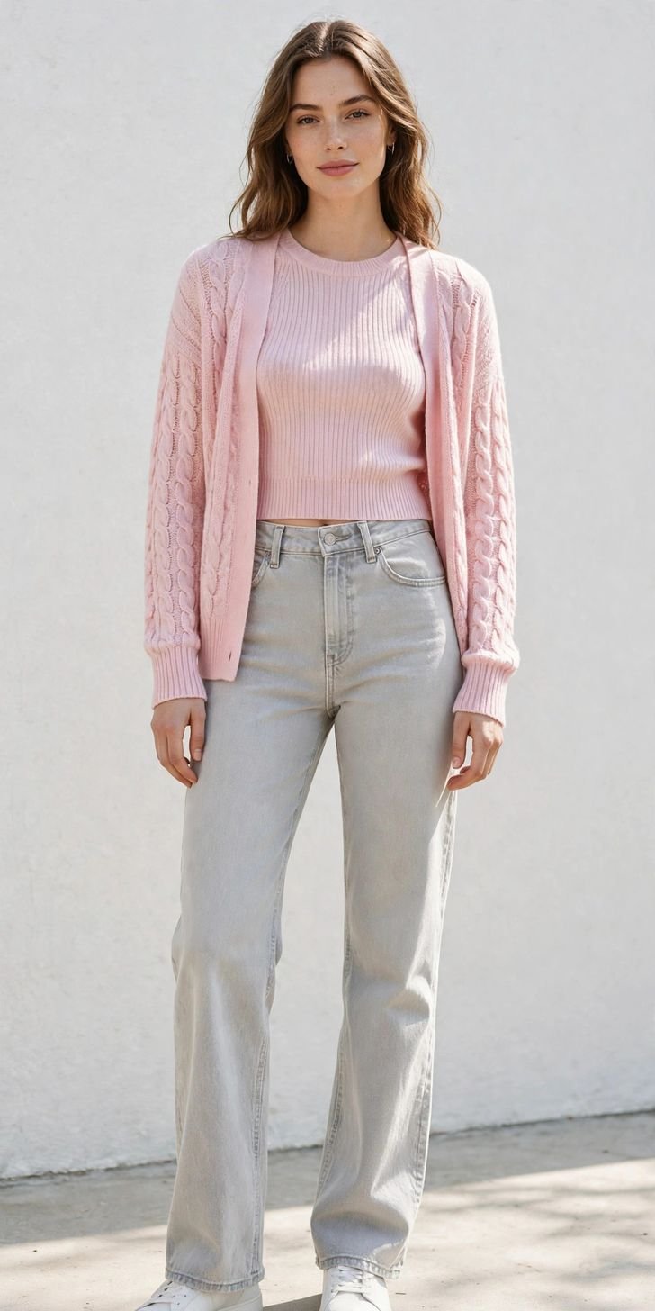 Woman in pale gray jeans with pastel knit set