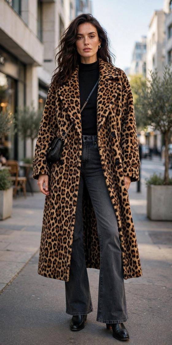 Woman in dark gray bootcut jeans with statement coat