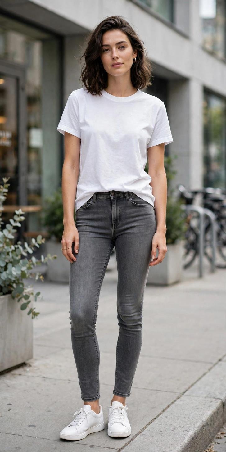 Woman in gray ripped jeans and casual top, street style