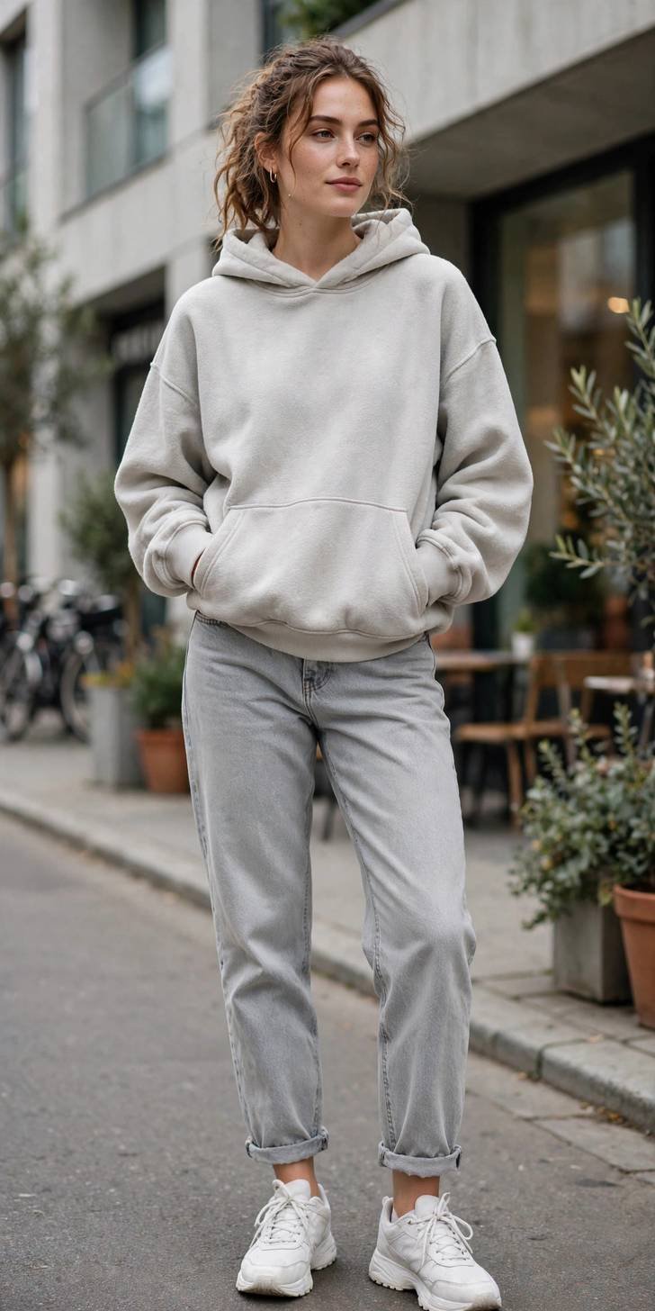 Woman in gray jeans and casual hat, relaxed street style