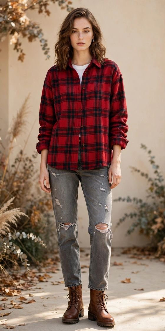 Woman in gray ripped jeans and casual shirt against brick wall