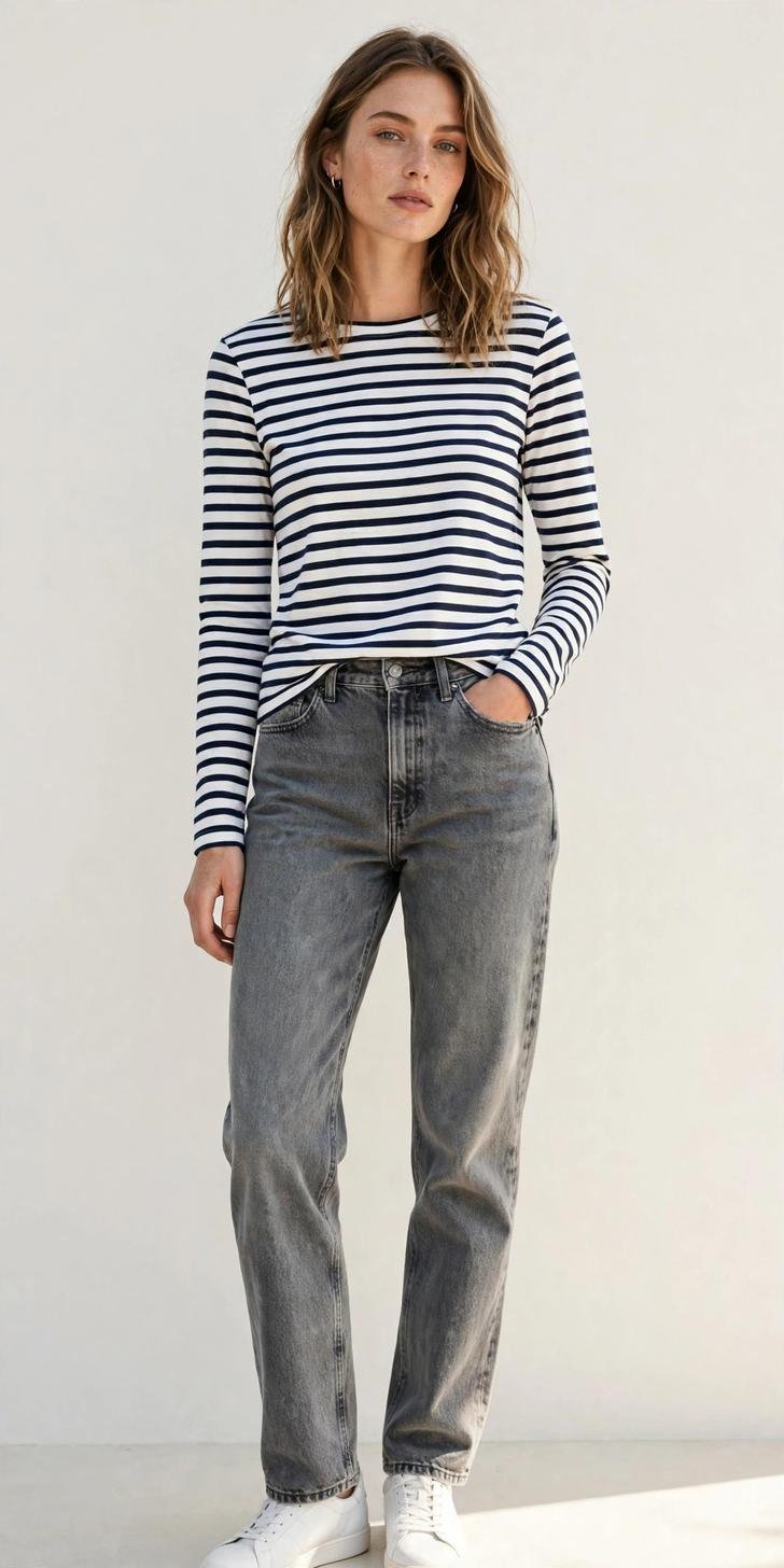 Woman in gray jeans and striped casual top, city style
