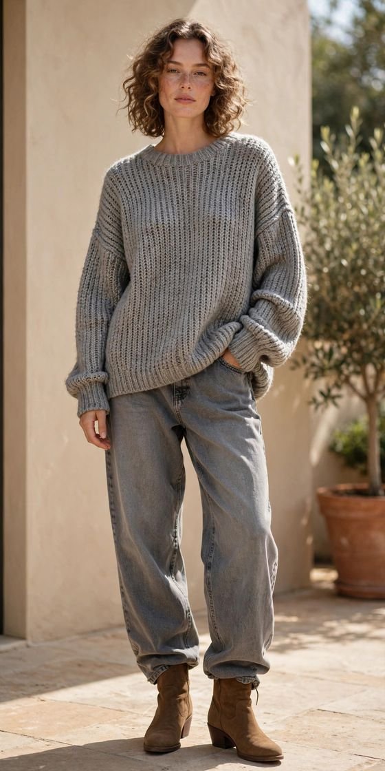 Woman in gray jeans and slouchy sweater, casual chic