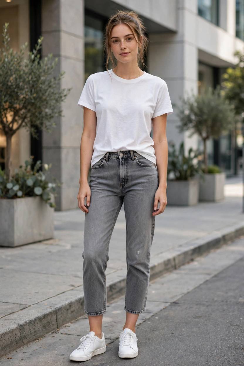 Woman in gray jeans and sneakers, casual daytime look