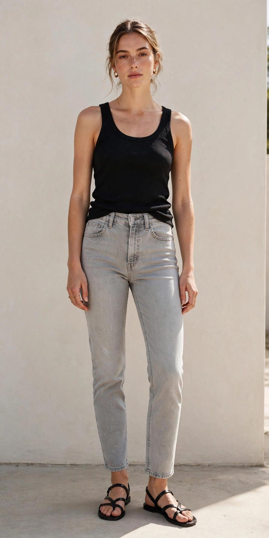 Woman in light gray high-waisted jeans and tank top