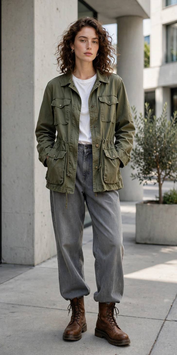 Woman in gray relaxed jeans and utility jacket