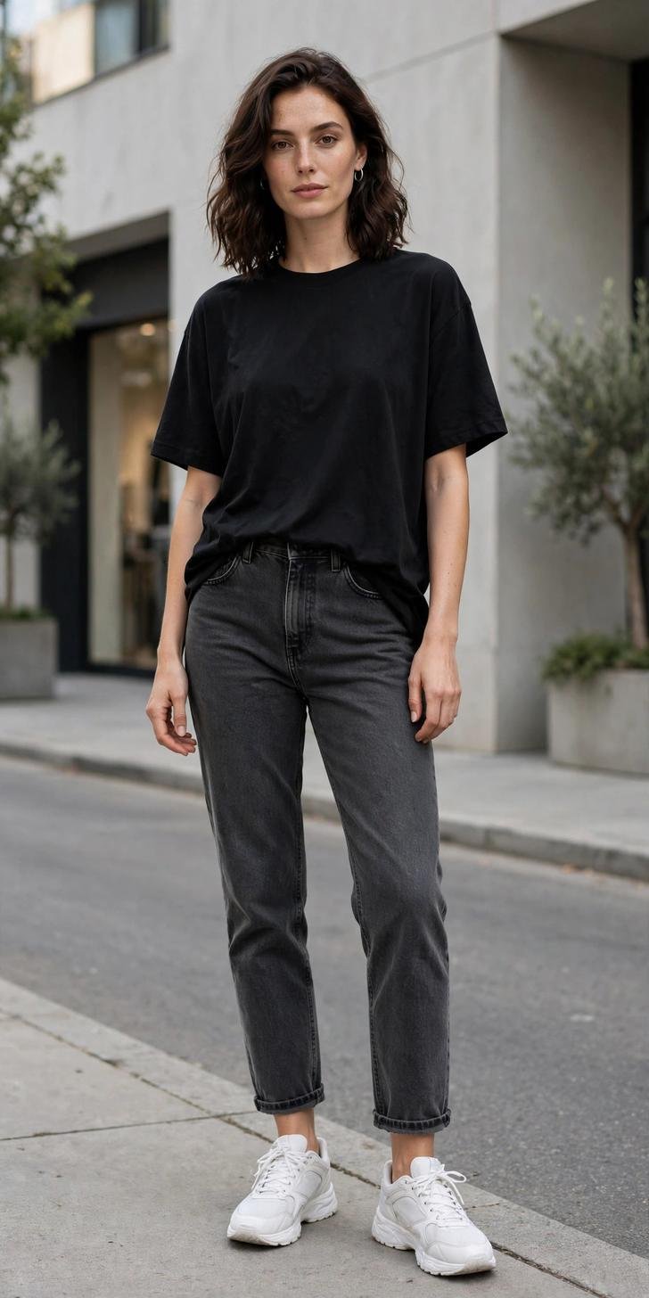 Woman in charcoal gray jeans and black oversized tee