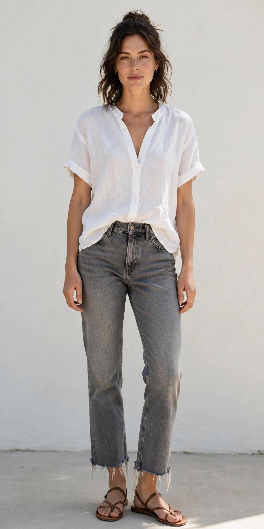 Woman in gray frayed jeans and breezy linen top