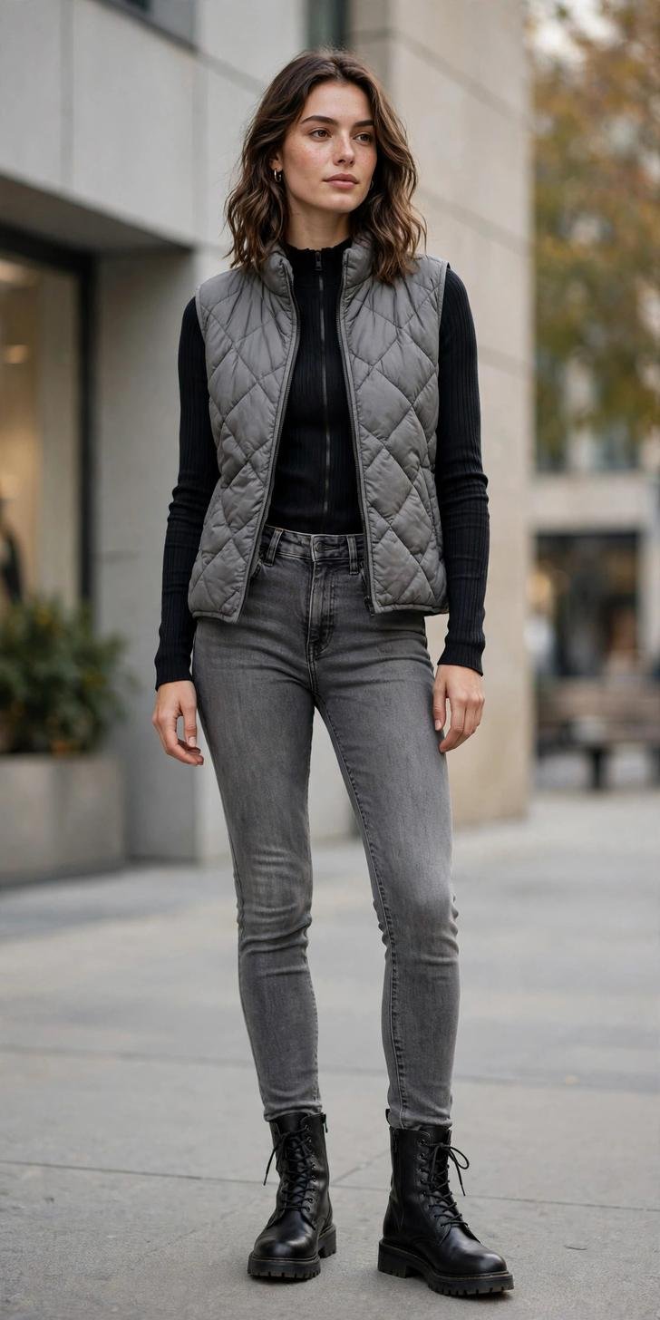 Woman in stone gray skinny jeans with puffer vest