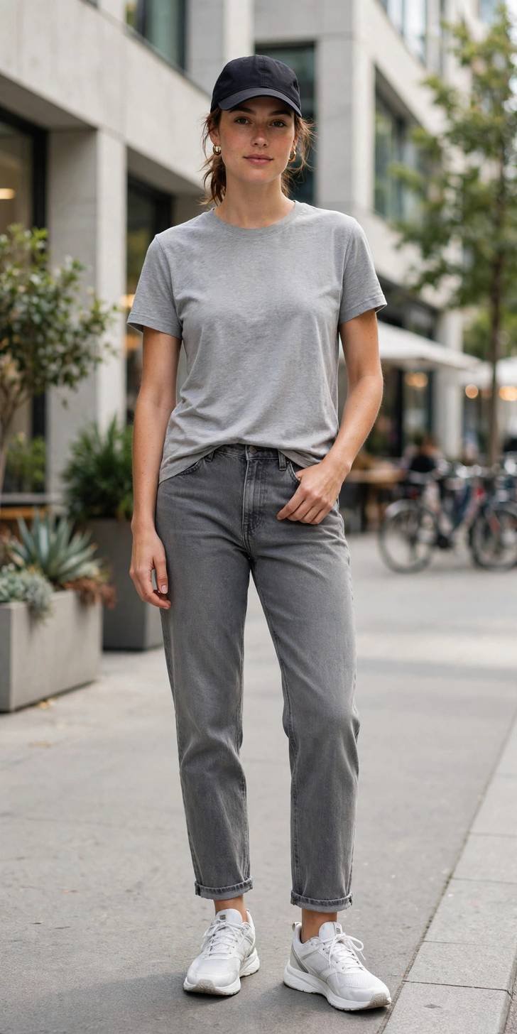 Woman in gray straight-leg jeans and baseball cap