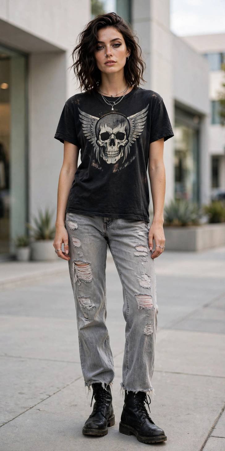 Woman in light gray distressed jeans and band tee
